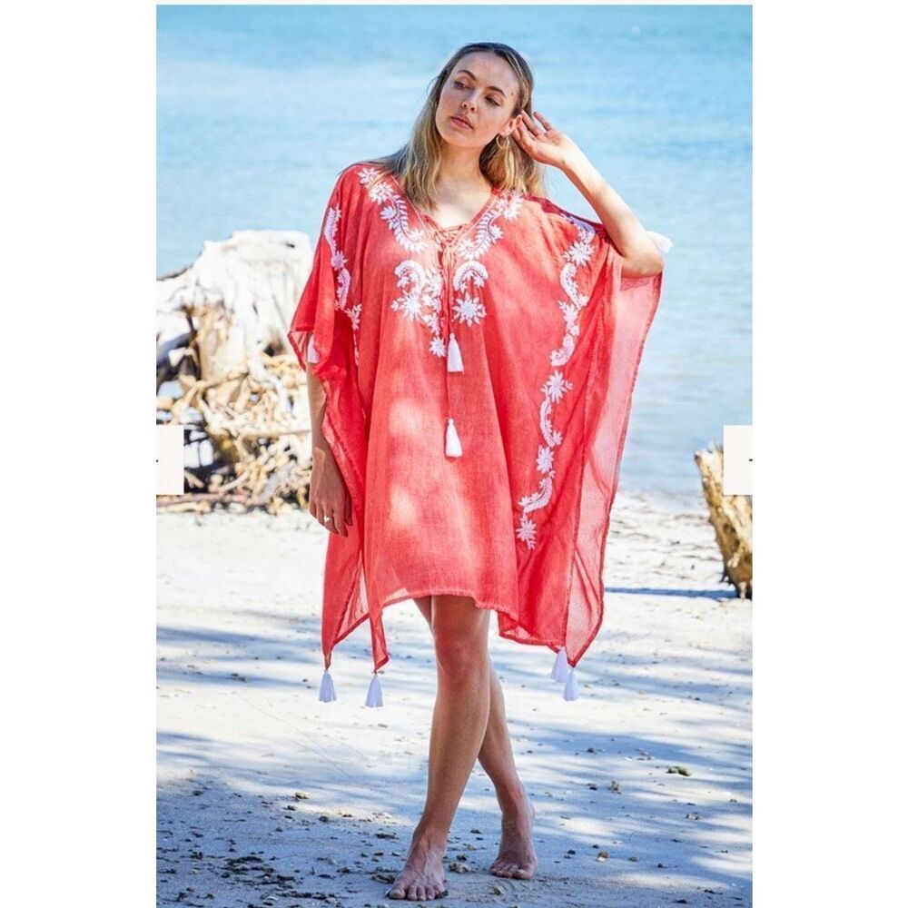 Debbie Katz South Beach Mystic Kaftan Sheer Embroidered Cover Up Orange XSmall N